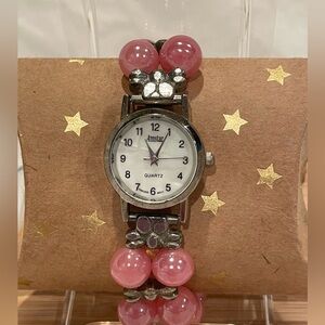 🥳BOGO! Amstar NON-WORKING Pink Beaded Quartz Watchband w Silver Bow Accents.